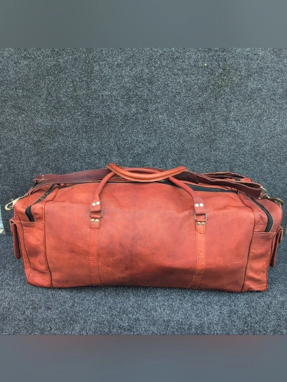 Vtg Leather Duffle Weekend Bag Canvas Lined Oversized Travel Overnight Luggage